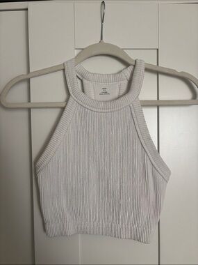 aerie White Ribbed Halter Crop Tank